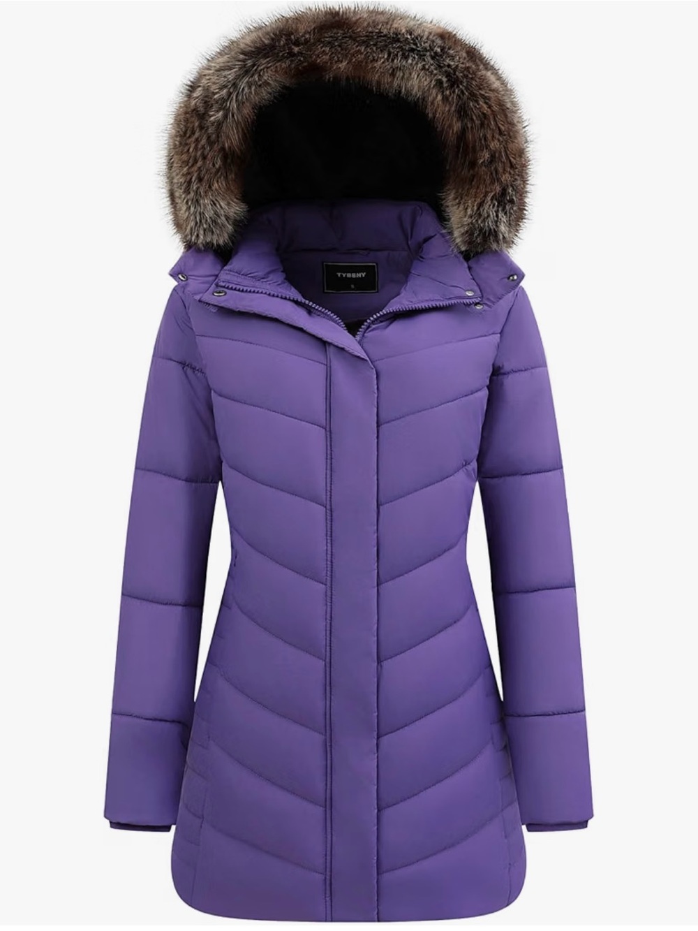 Women's Purple Quilted Down Coat with Faux Fur Hood